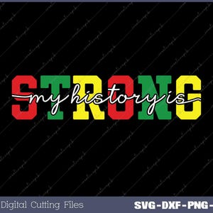 Op de afbeelding: Een grafisch ontwerp met de tekst "STRONG my history is" in rode, gele en groene letters. De tekst is in een vet, bloklettertype.