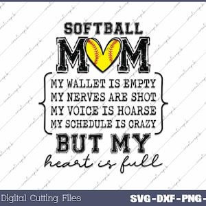 May include: Black and yellow softball graphic with the text "SOFTBALL MOM" and the phrase "MY WALLET IS EMPTY MY NERVES ARE SHOT MY VOICE IS HOARSE MY SCHEDULE IS CRAZY BUT MY HEART IS FULL".