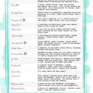 May include: A white rectangular chart with a teal watercolour border listing various scent names and their descriptions, including Fancy Pants, Fierce Man, Fiji Light Sands, Firecracker Pop, Fruity Cereal, Harvest Linen, Hawaiian Butter, Hot Apple Cider, Howdy Honey, Ice Cream Parlor, Jax Teller, Just Got Leid, Lemon Drop, Luxurious 26, Mahogany Apple, and Mahogany Coconut.