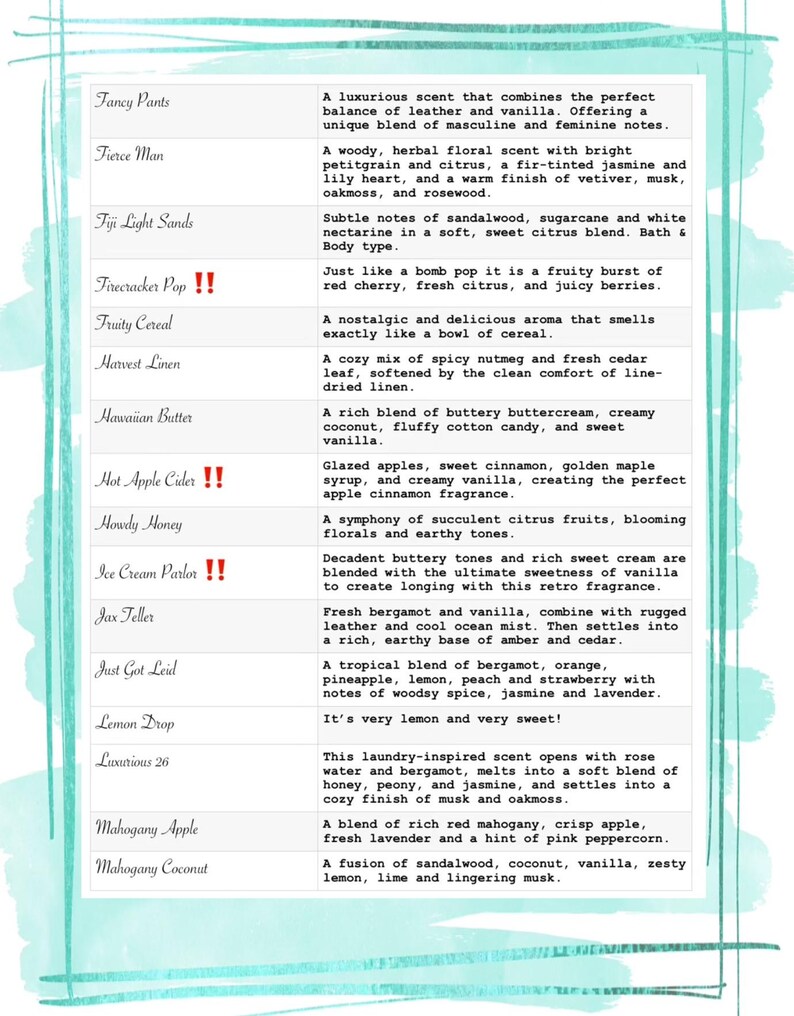 May include: A white rectangular chart with a teal watercolour border listing various scent names and their descriptions, including Fancy Pants, Fierce Man, Fiji Light Sands, Firecracker Pop, Fruity Cereal, Harvest Linen, Hawaiian Butter, Hot Apple Cider, Howdy Honey, Ice Cream Parlor, Jax Teller, Just Got Leid, Lemon Drop, Luxurious 26, Mahogany Apple, and Mahogany Coconut.