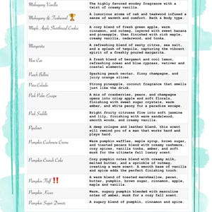 May include: A white informational chart with a light teal border listing various fragrance names and their scent descriptions, including Mahogany Pumpkin, Mahogany Vanilla, Mahogany & Teakwood, Maple Apple Shortbread Cookie, and others.