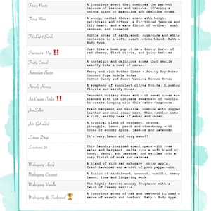 K&ouml;nnte beinhalten: Eine wei&szlig;e rechteckige Tabelle mit einem hellen t&uuml;rkisfarbenen Rand, die verschiedene Duftnamen und deren Beschreibungen auflistet, darunter Fancy Pants, Fierce Man, Fiji Light Sands, Firecracker Pop, Fruity Cereal, Hawaiian Butter, Howdy Honey, Ice Cream Parlor, Jax Teller, Just Got Leid, Lemon Drop, Luxurious 26, Mahogany Apple, Mahogany Coconut, Mahogany Vanilla und Mahogany & Teakwood.