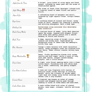 May include: A white informational chart with a light teal border listing various fragrance names and their scent descriptions. The text includes headers like Best Seller and Cannot be done in White, with scent names such as Apples from the Farm, Apple Mango, Aqua di Gio, Baja Cactus, Birthday Cake, Black Cherry Merlot, Black Frost, Blue Hawaiian, Boujee Marshmallow, Clean Cotton, Coco Butter Cashmere, Coconut Breeze, and Cookie Butter Latte.