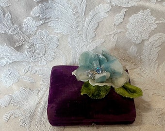 Vintage Velvet Box, Purple, Vintage Flowers, Blue Rhinestone, Velvet Leaves