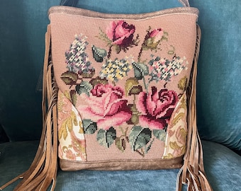 Vintage Needlepoint Roses, Teal Leather, Velvet Chenille, Barkcloth, Pink Handbag