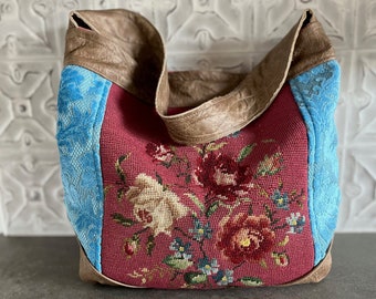 Vintage Needlepoint Roses and Leaves, Vintage Velvet Handbag, Leather