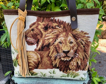 Vintage African Lions Needlepoint, Leopard Velvet, Leather Tassel Handbag