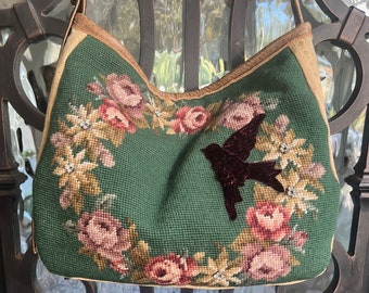 Vintage  Needlepoint Wreath, Rhinestones,Bird, Handbag