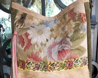 Vintage Aubusson Tapestry, Vintage Embroidered Trim, Brazilian Cowhide Handbag