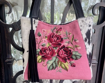 Vintage Needlepoint Roses and Flowers, Cowhide, Western, Leather Handbag