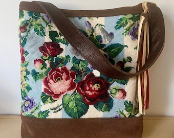 Vintage Needlepoint Roses and Florals, Vintage Barkcloth Leather, Large Handbag