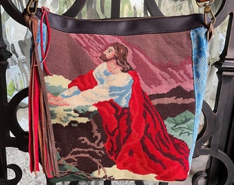 Vintage Needlepoint Jesus, Religious, Vintage Barkcloth, Velvet Chenille Handbag