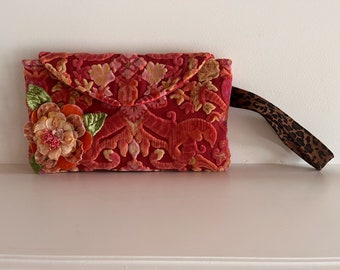 Vintage Velvet Chenille Bates Clutch, Orange, Pink, Red, Leopard, Vintage Flower