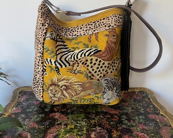 Vintage African Lion, Zebra, Cheetah, Needlepoint, Leopard Cowhide, Leather Tassel Handbag