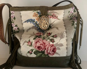 Vintage Needlepoint Roses and Florals, Embossed Leather, Handbag