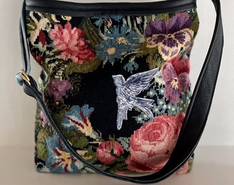 Vintage Needlepoint Roses, Pansies and Morning Glory, Velvet Bird,  Black Leather, Handbag