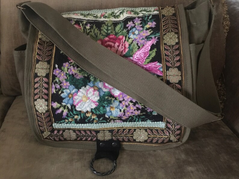 Canvas Army Messenger Bag Vintage Needlepoint Roses Flowers Vintage Ribbon Velvet Bird