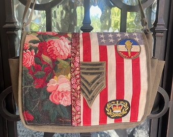 Army Canvas Messenger Bag, Vintage Flag, Roses Needlepoint, Vintage Military Patches