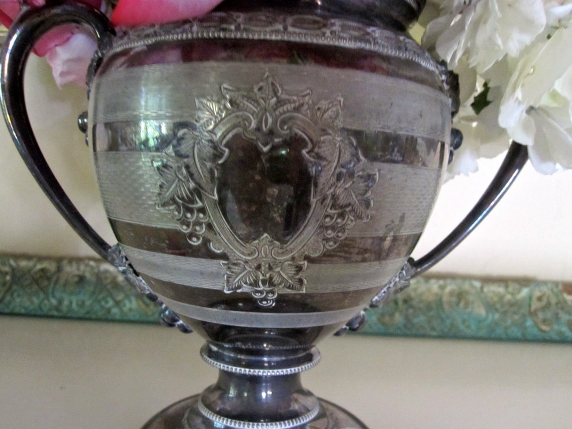 Vintage Silverplate Trophy Vase Ornate Etched Loving Cup Etsy