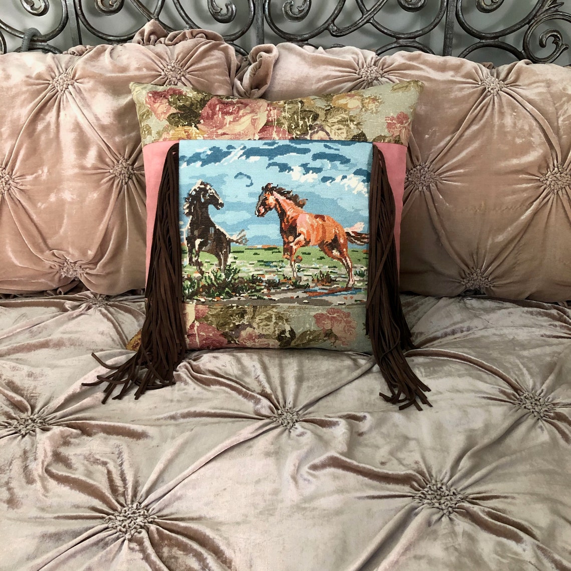 Vintage Needlepoint Horse Pillow Cowhide Etsy