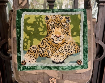 Vintage Cheetah/Leopard Needlepoint, Army Messenger, Camouflage, Camo, Vintage Ribbon Velvet Trim, Handbag