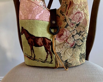 Vintage Needlepoint Horse, Western, Cowgirl,  Velvet, Velvet Chenille, Needlepoint, Handbag, Hobo, Purse