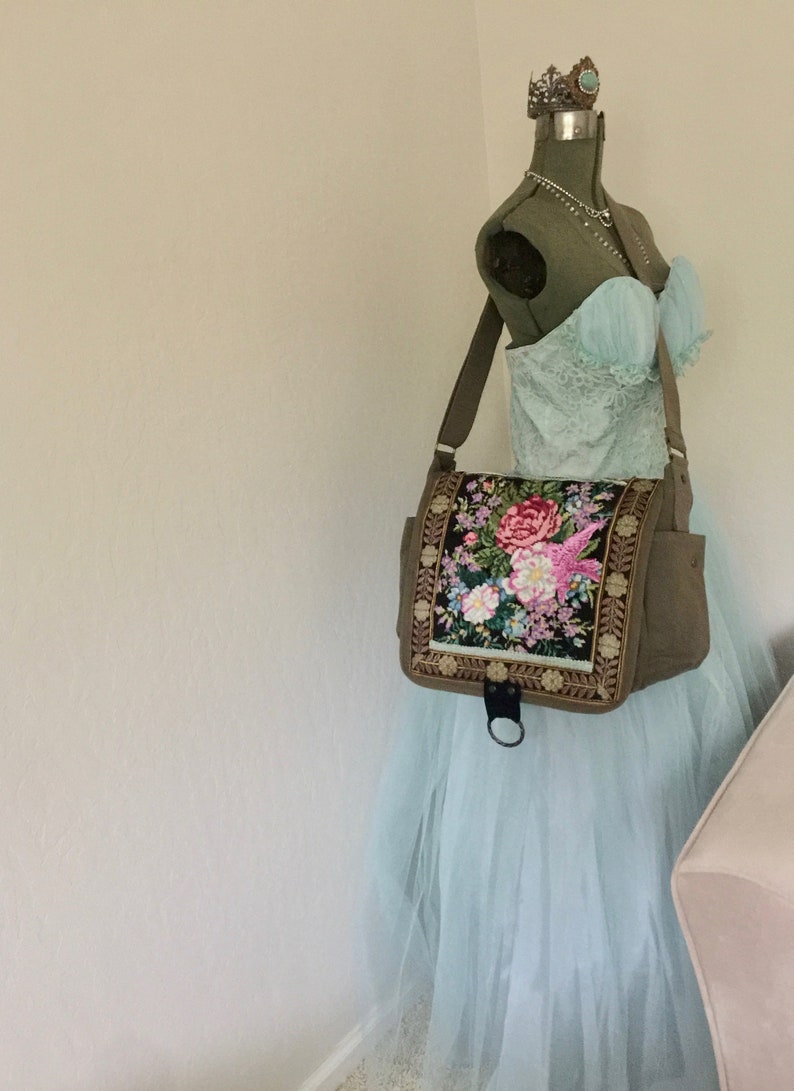 Canvas Army Messenger Bag Vintage Needlepoint Roses Flowers Vintage Ribbon Velvet Bird