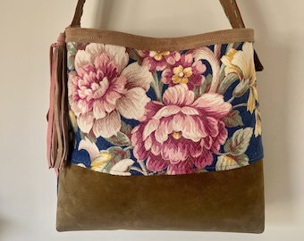 Vintage Barkcloth Roses, Peonies, Vintage Velvet, Tassel, Leather Handbag