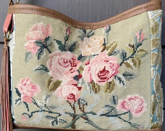 Vintage Needlepoint Roses, Vintage Velvet Chenille, Leather Shoulder Bag