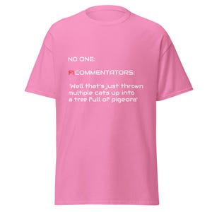 May include: Pink t-shirt with white text that reads "NO ONE: F1 COMMENTATORS: 'Well that's just thrown multiple cats up into a tree full of pigeons'".