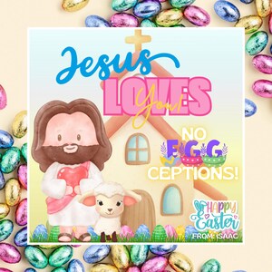 Pode incluir: Um cartão de Páscoa colorido com uma ilustração de desenho animado de Jesus segurando um coração e um cordeiro. O cartão diz "Jesus te ama! Sem exceções! Feliz Páscoa de Isaac!"