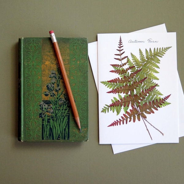 Autumn Fern, pressed ferns card, fall greeting card, rust and green nature, Etsy botanical fern greeting card no.1199