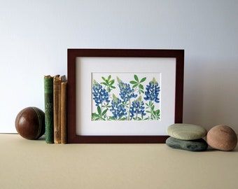 Pressed flower print, 8" x 10" matted, Bluebonnets, Texas wildflowers, State flower of Texas, botanical wall art no. 071