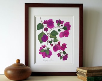 Pressed flowers print, 11x14 double matted, Bougainvillea botanical art print image, wall decor art, no. 0034