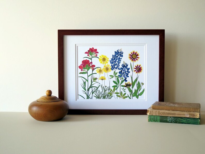 Pressed flower art print, 11x14 double matted, Texas wildflowers, Bluebonnet flowers and more, botanical wall art, gift for Texan, no. 0067 image 3