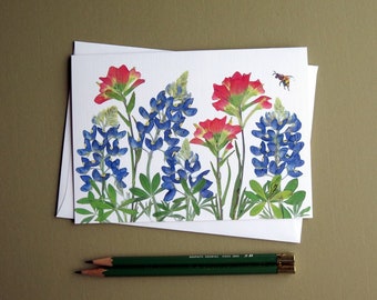 Texas Bluebonnets and Indian Paintbrush pressed flowers card, wildflowers, Austin, gift for Texan, bee, greeting card no.1187