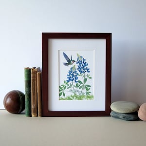 Pressed flower print, 8&quot; x 10&quot; matted, Bluebonnets with hummingbird, no. 001