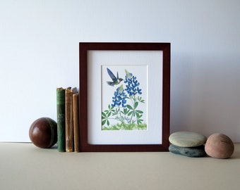 Pressed flower print, 8" x 10" matted, Bluebonnets with hummingbird, no. 001