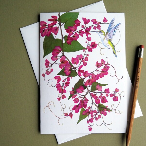 Pink Coral Vine flowers card, green leaves with hummingbird, pressed flowers, card for a gardener, printed botanical greeting card, no.1060