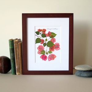 Pressed flower print, 8&quot; x 10&quot; matted, Bougainvillea flowers, green leaves, botanical decor, Etsy wall art, botanical no. 011