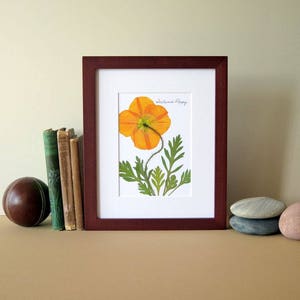 Pressed flower print, 8" x 10" matted, Iceland Poppy, bright orange, botanical art, small wall art, no. 017