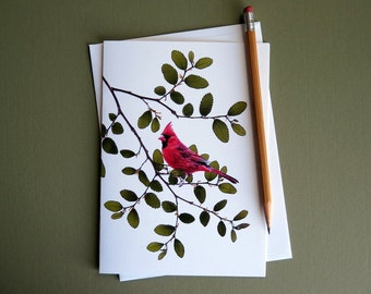 Cork Elm tree leaves, Red Cardinal, pressed leaves card, card for nature lover, Cardinals, botanical Christmas greeting card no.1203