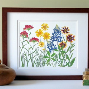Pressed flower art print, 11x14 double matted, Texas wildflowers, Bluebonnet flowers and more, botanical wall art, gift for Texan, no. 0067