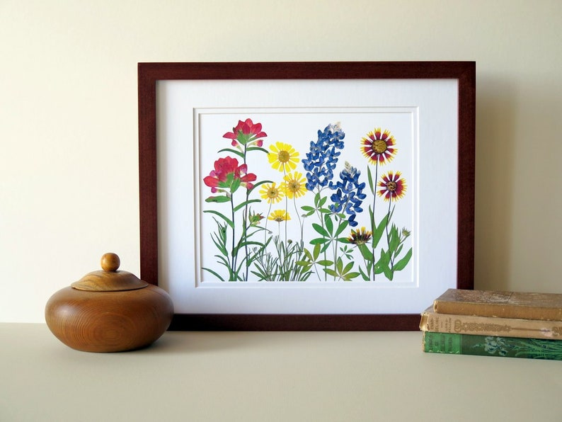 Pressed flower art print, 11x14 double matted, Texas wildflowers, Bluebonnet flowers and more, botanical wall art, gift for Texan, no. 0067 image 2