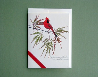 Japanese Maple leaves with red Cardinal, nature card, bird on branch, maple tree, botanical Christmas greeting card, no.1071