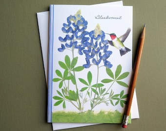 Bluebonnets with hummingbird, wildflowers, state flower of Texas, pressed Bluebonnets, Austin, botanical greeting card, no.1102