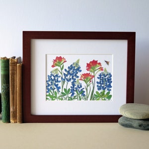 Pressed flower print, 8&quot; x 10&quot; matted, Bluebonnets and Indian Paintbrush, Texas wildflowers, botanical art no. 051