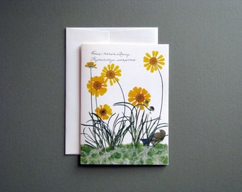Four Nerve daisy wildflowers, pressed flower card, bird, sparrow, yellow flowers, pressed flowers, botanical handmade greeting card, no.1184