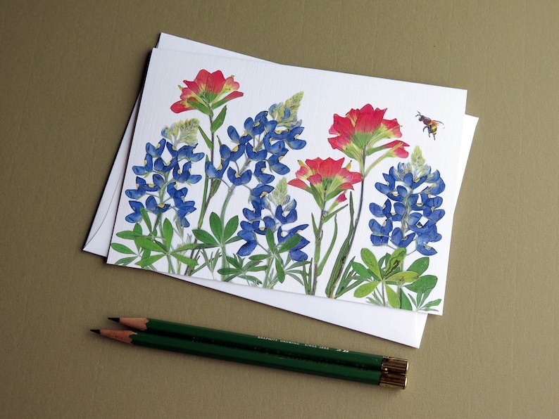 Texas Bluebonnets and Indian Paintbrush pressed flowers card, wildflowers, Austin, gift for Texan, bee, greeting card no.1187 image 5