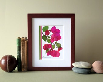 Pressed flower art print, 8" x 10" matted, Bougainvillea flowers, flat flower designs, Etsy flower wall art, botanical wall art no. 094